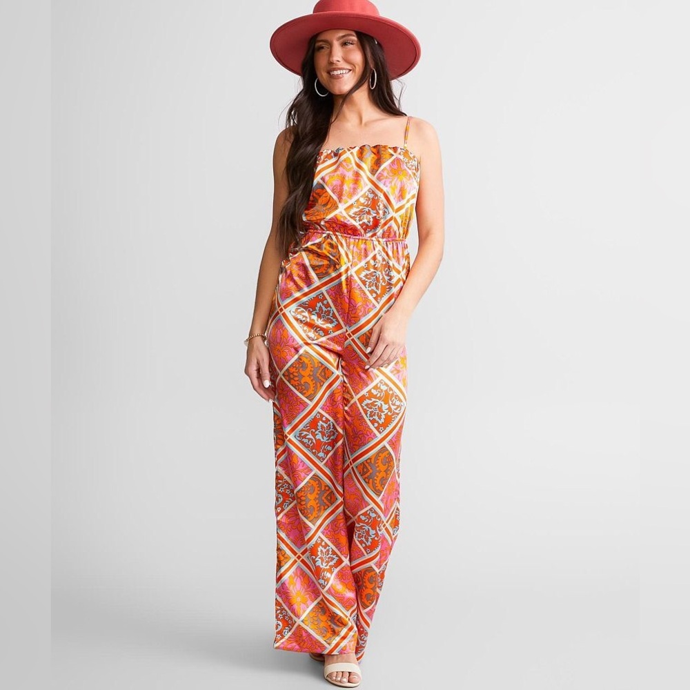NWT willow & root Patchworks Satin Jumpsuit w/ Back Tie Wide Leg Flowy Beachy